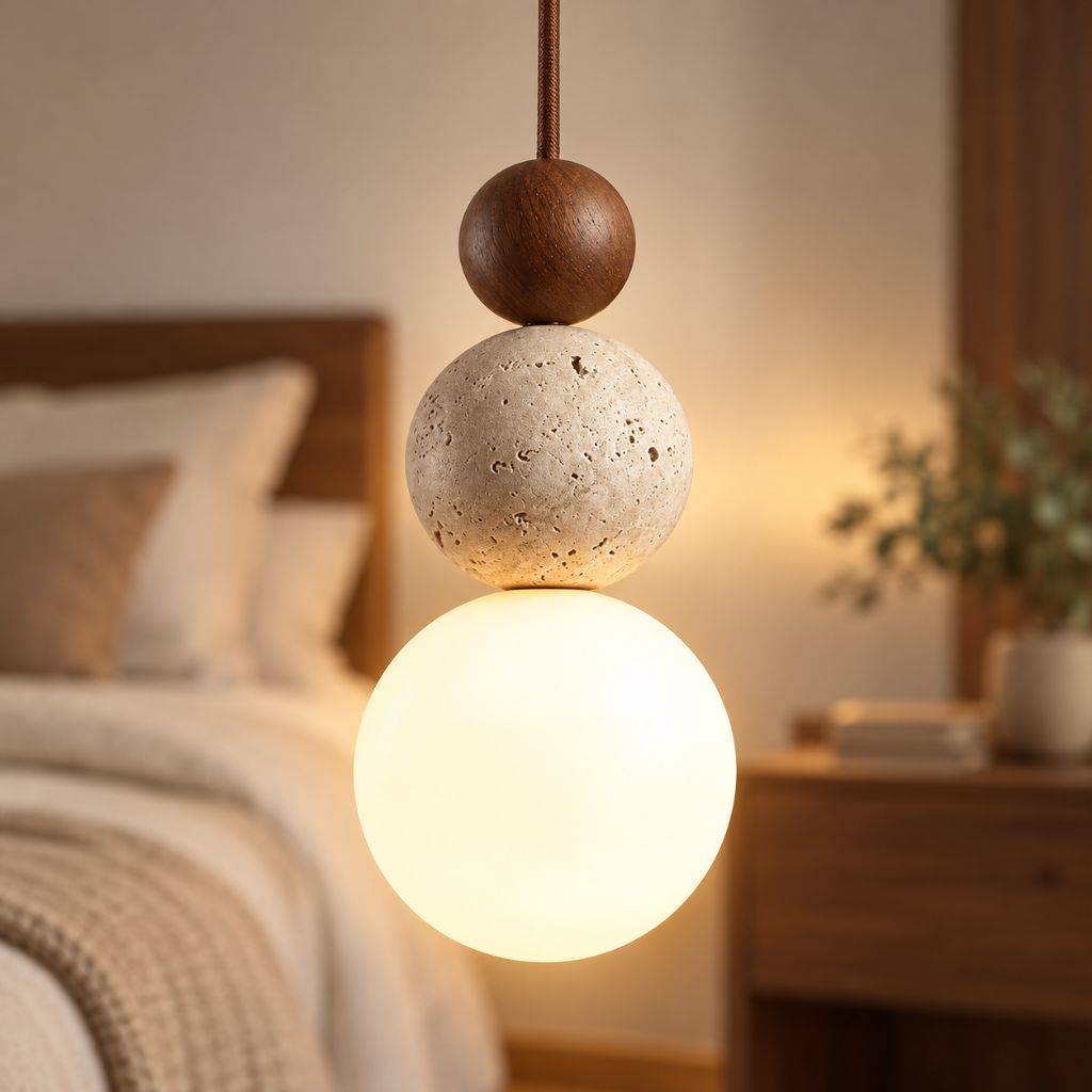Travertine and Wood Globe Pendant Light with E27 LED Bulb