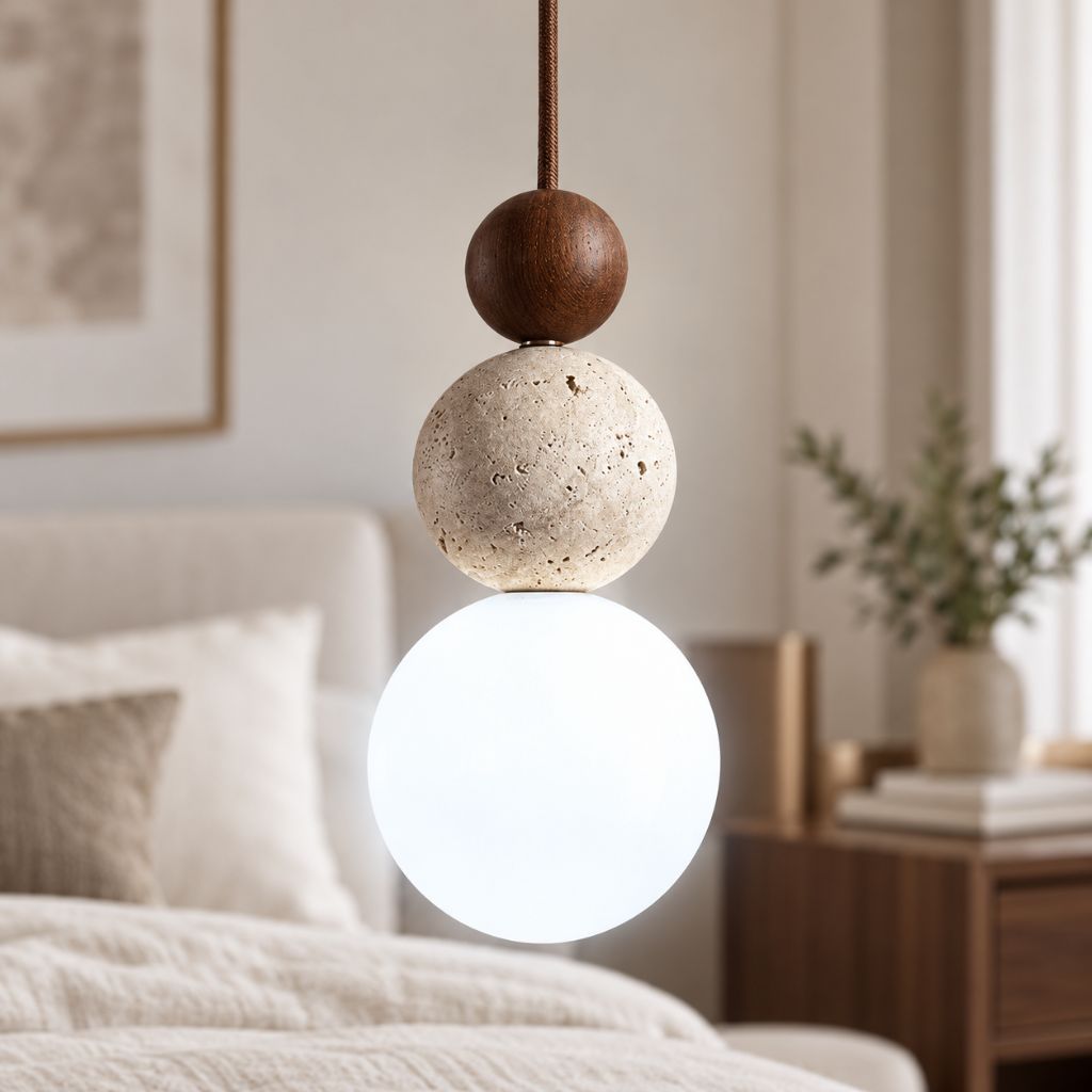 Travertine and Wood Globe Pendant Light with E27 LED Bulb