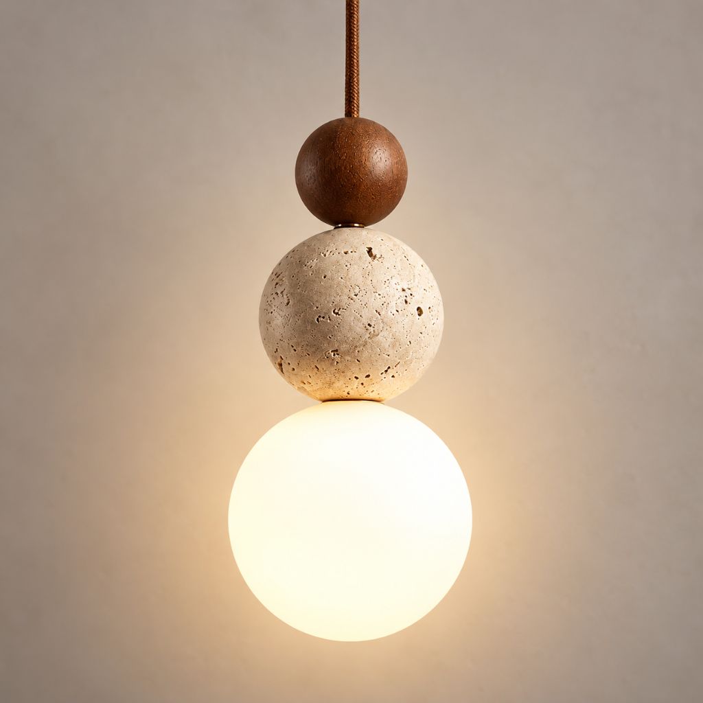 Travertine and Wood Globe Pendant Light with E27 LED Bulb