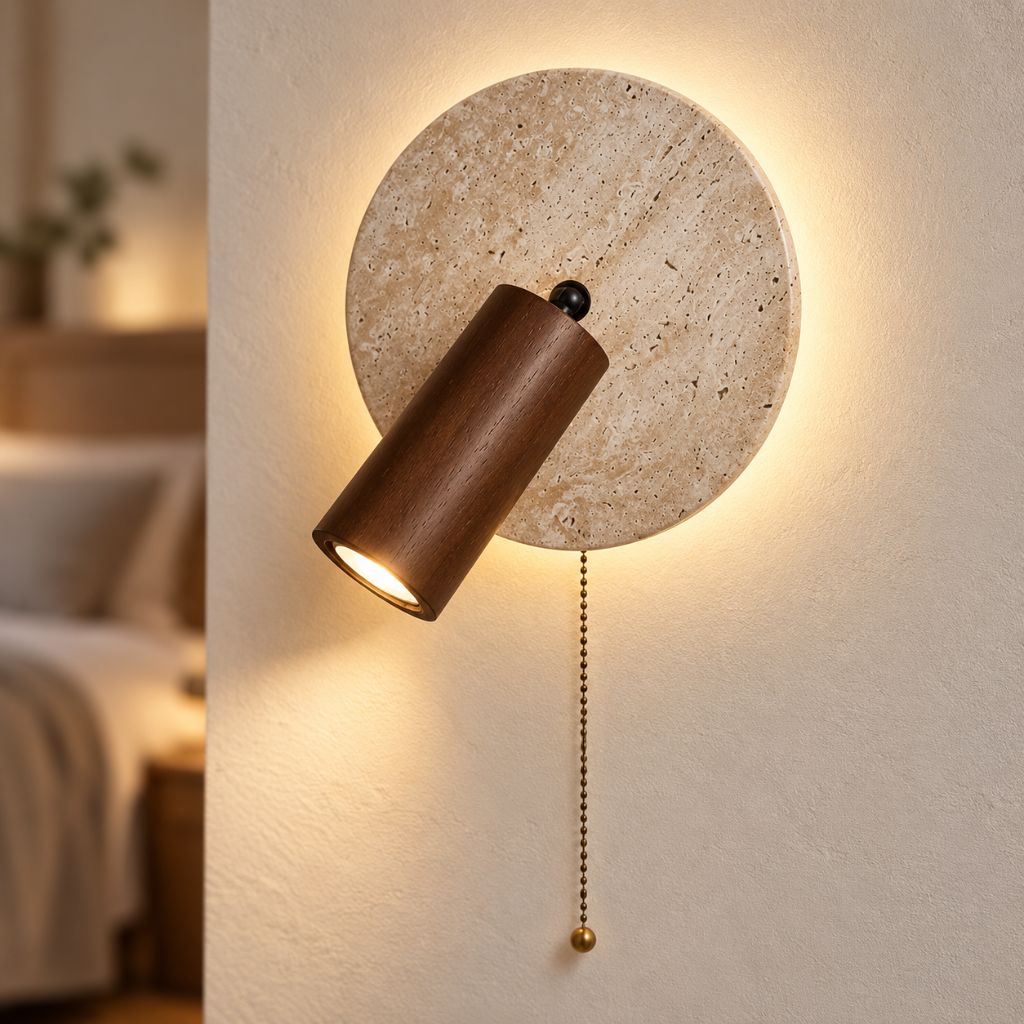 Travertine Disc Wall Light with Adjustable Wood Spotlight