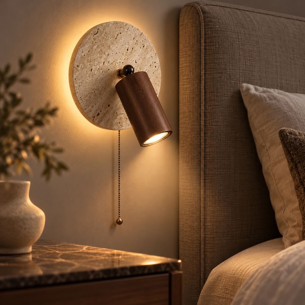Travertine Disc Wall Light with Adjustable Wood Spotlight
