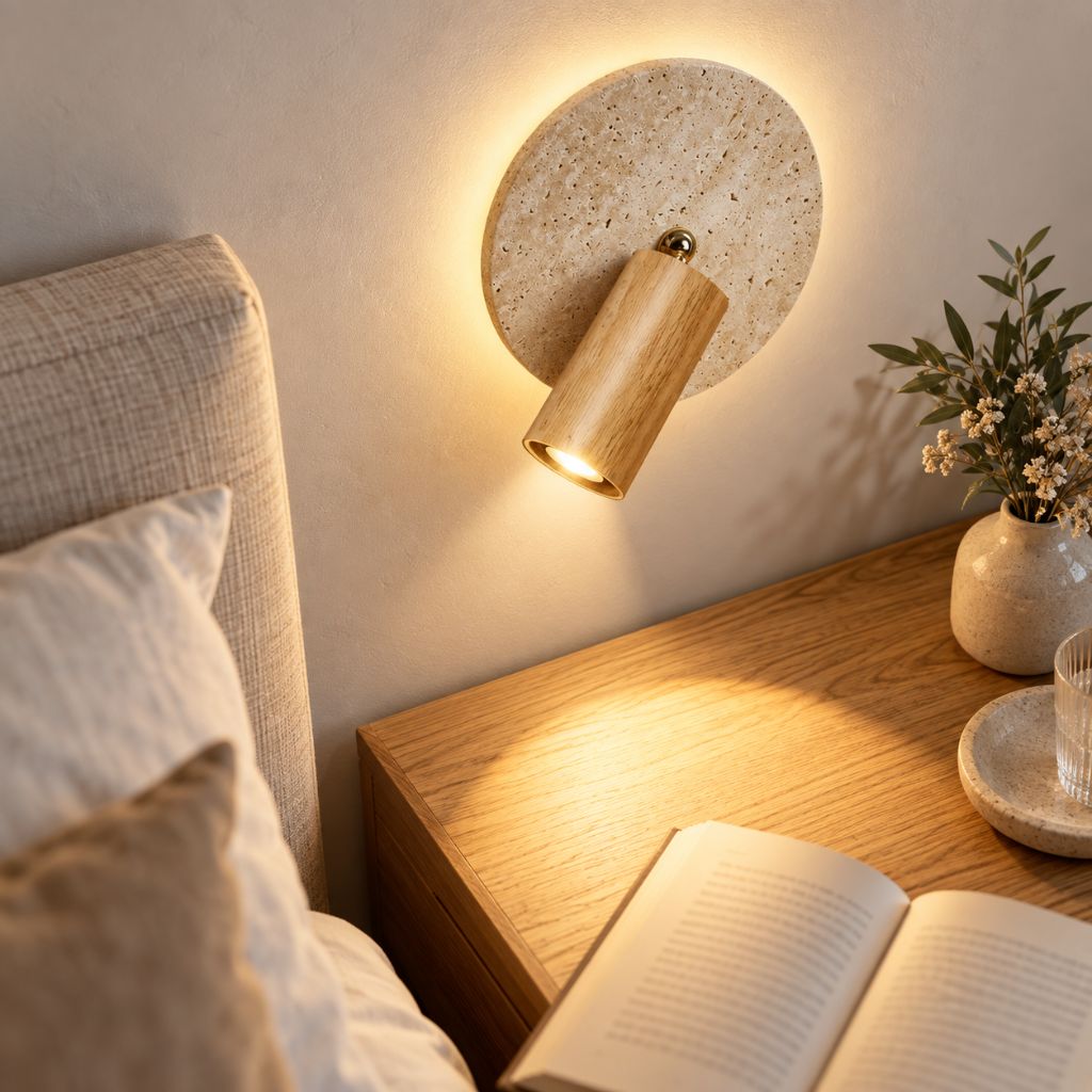 Travertine Disc Wall Light with Adjustable Wood Spotlight
