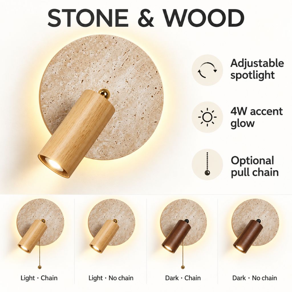 Travertine Disc Wall Light with Adjustable Wood Spotlight