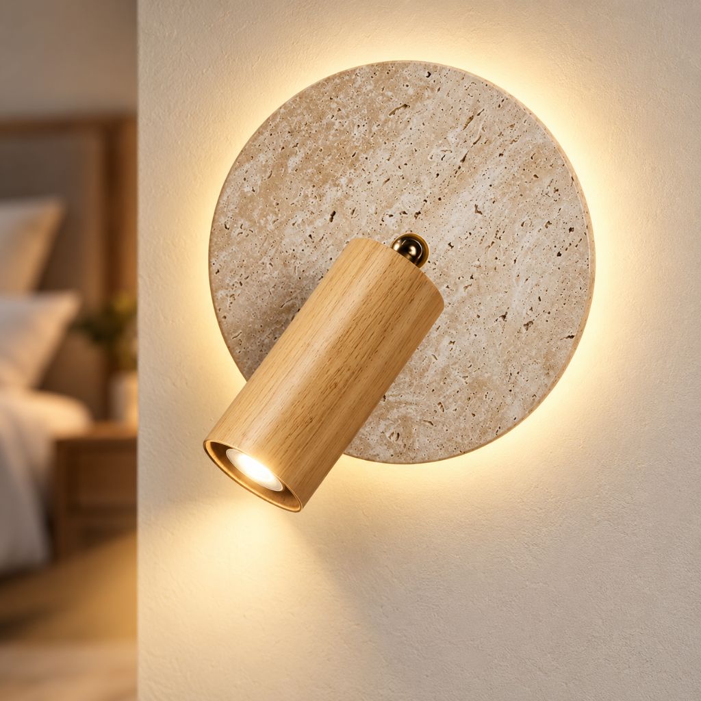 Travertine Disc Wall Light with Adjustable Wood Spotlight