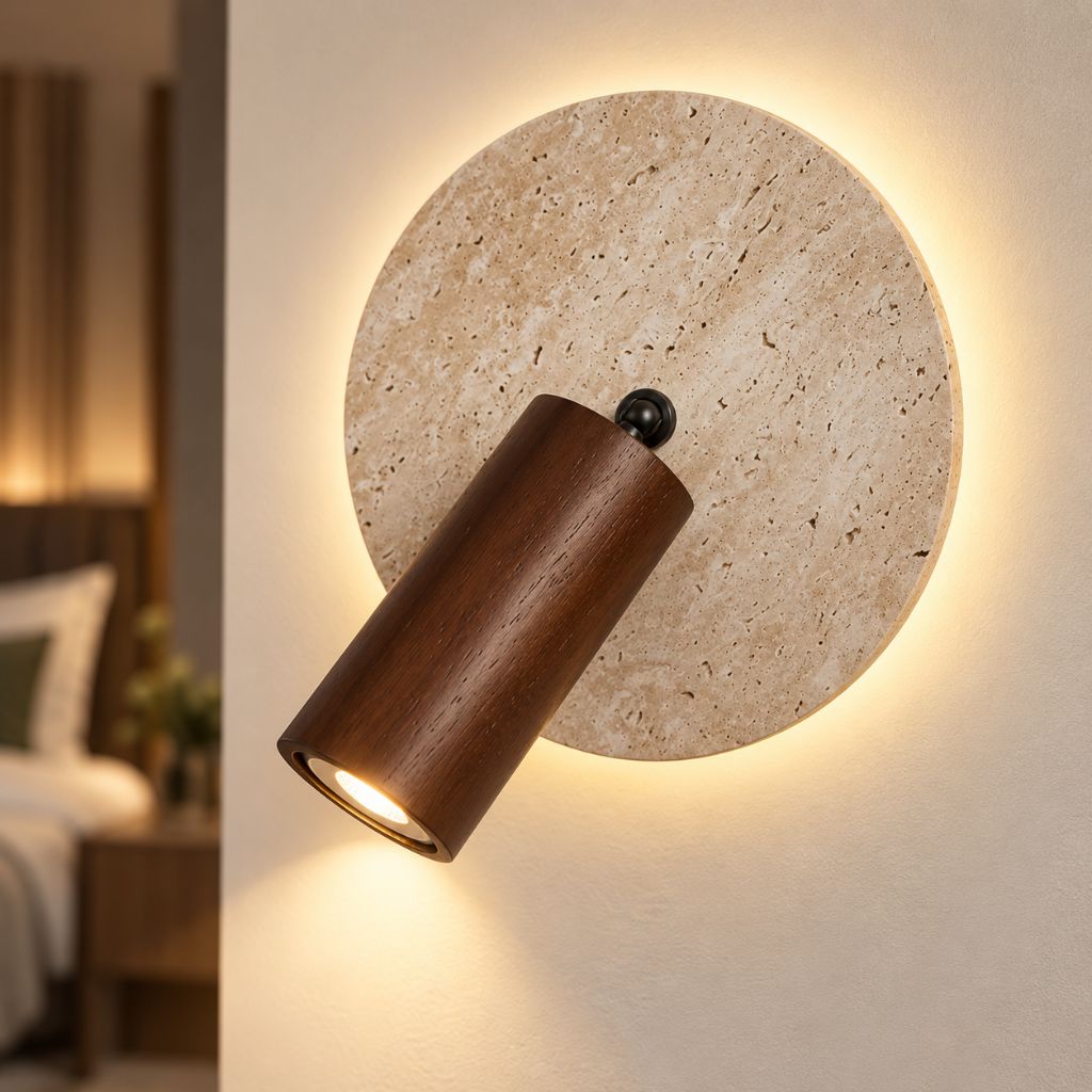Travertine Disc Wall Light with Adjustable Wood Spotlight