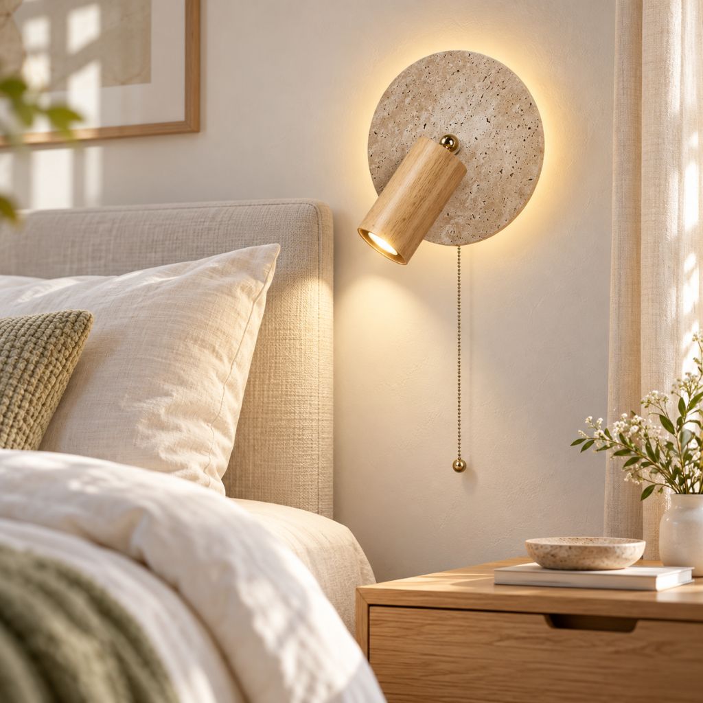 Travertine Disc Wall Light with Adjustable Wood Spotlight