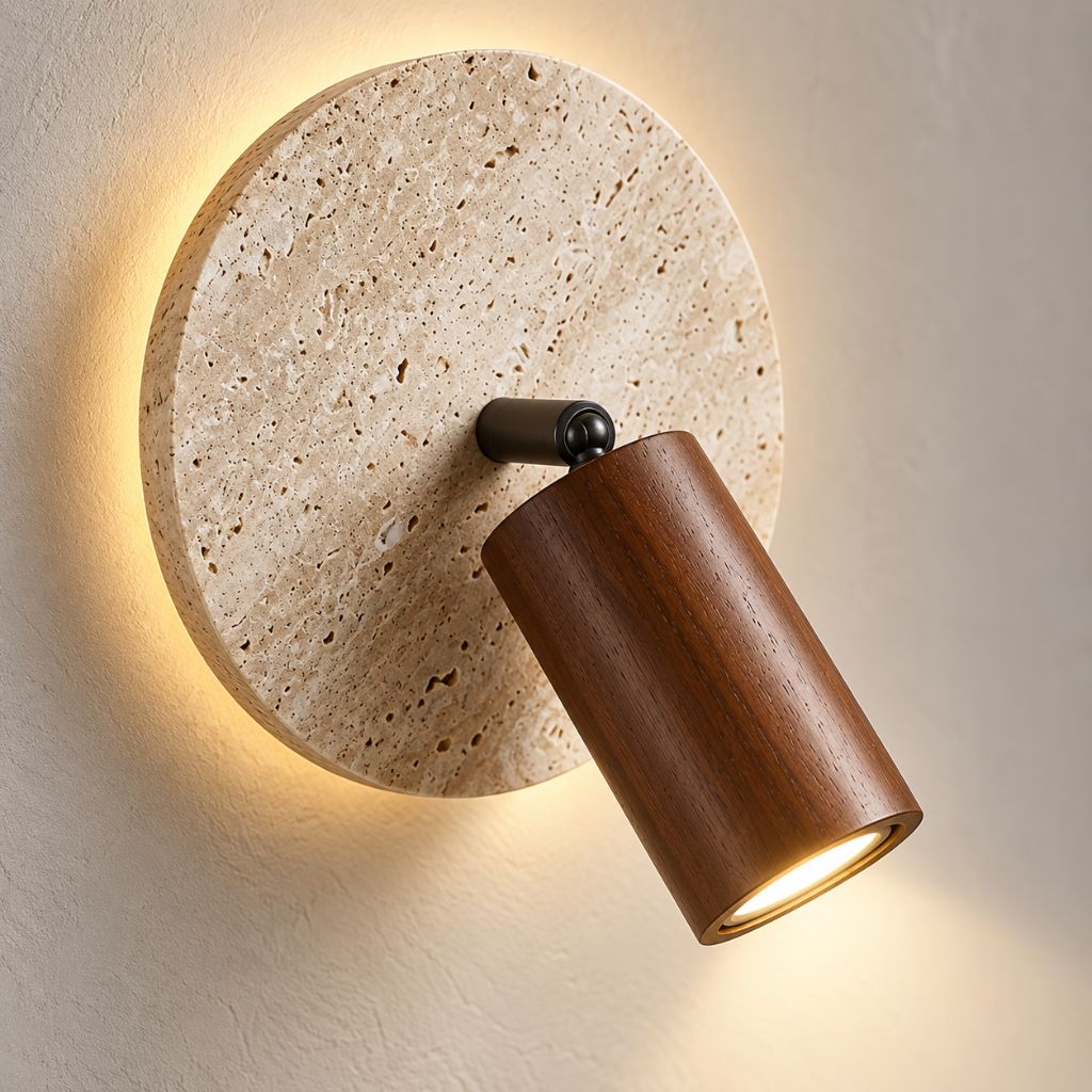 Travertine Disc Wall Light with Adjustable Wood Spotlight