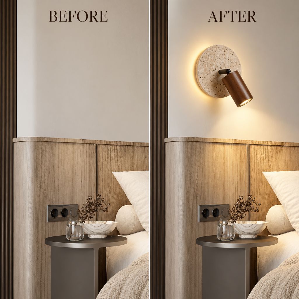 Travertine Disc Wall Light with Adjustable Wood Spotlight