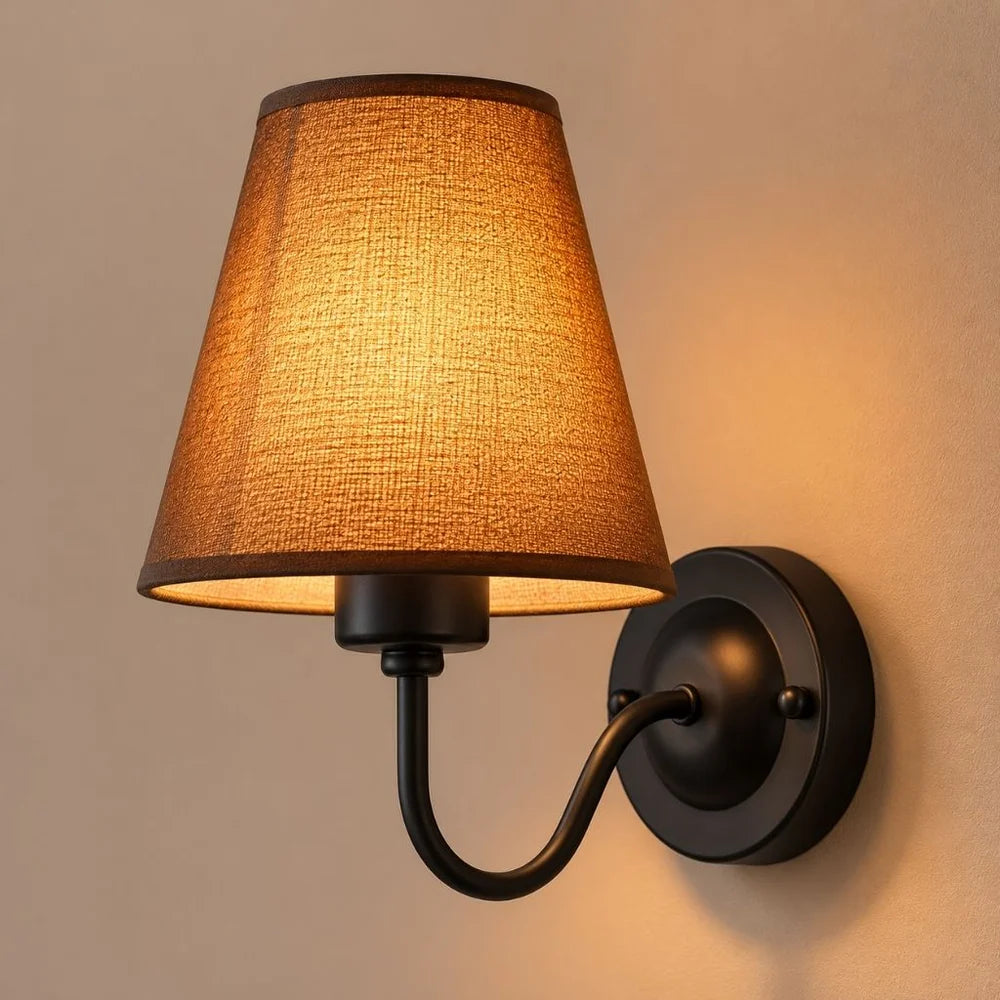 Vintage curved arm metal wall sconce with fabric conical shade
