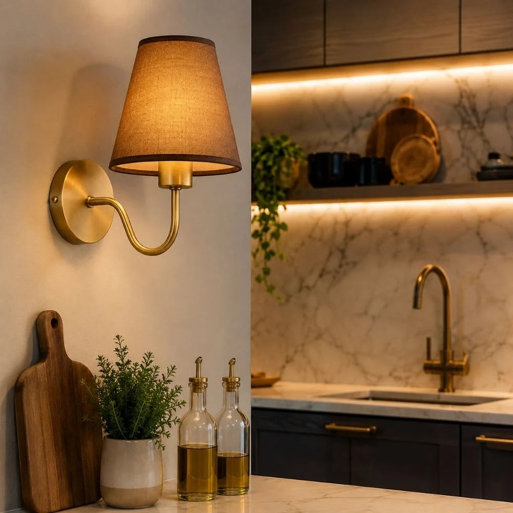 Vintage curved arm metal wall sconce with fabric conical shade – view 2