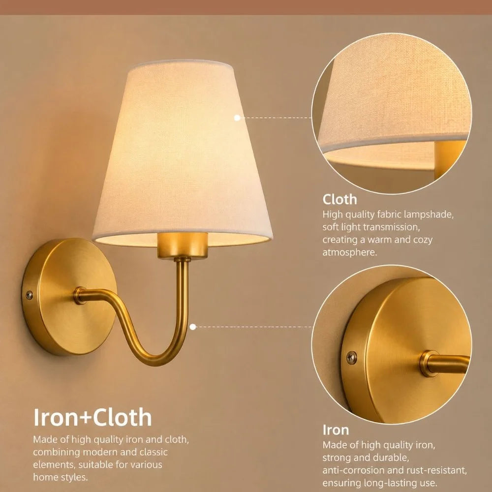 Vintage curved arm metal wall sconce with fabric conical shade – view 6