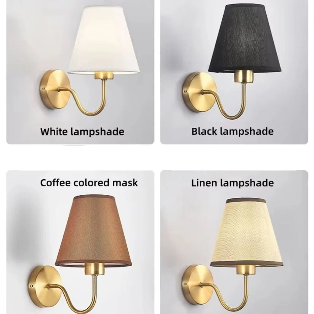 Vintage curved arm metal wall sconce with fabric conical shade – view 7