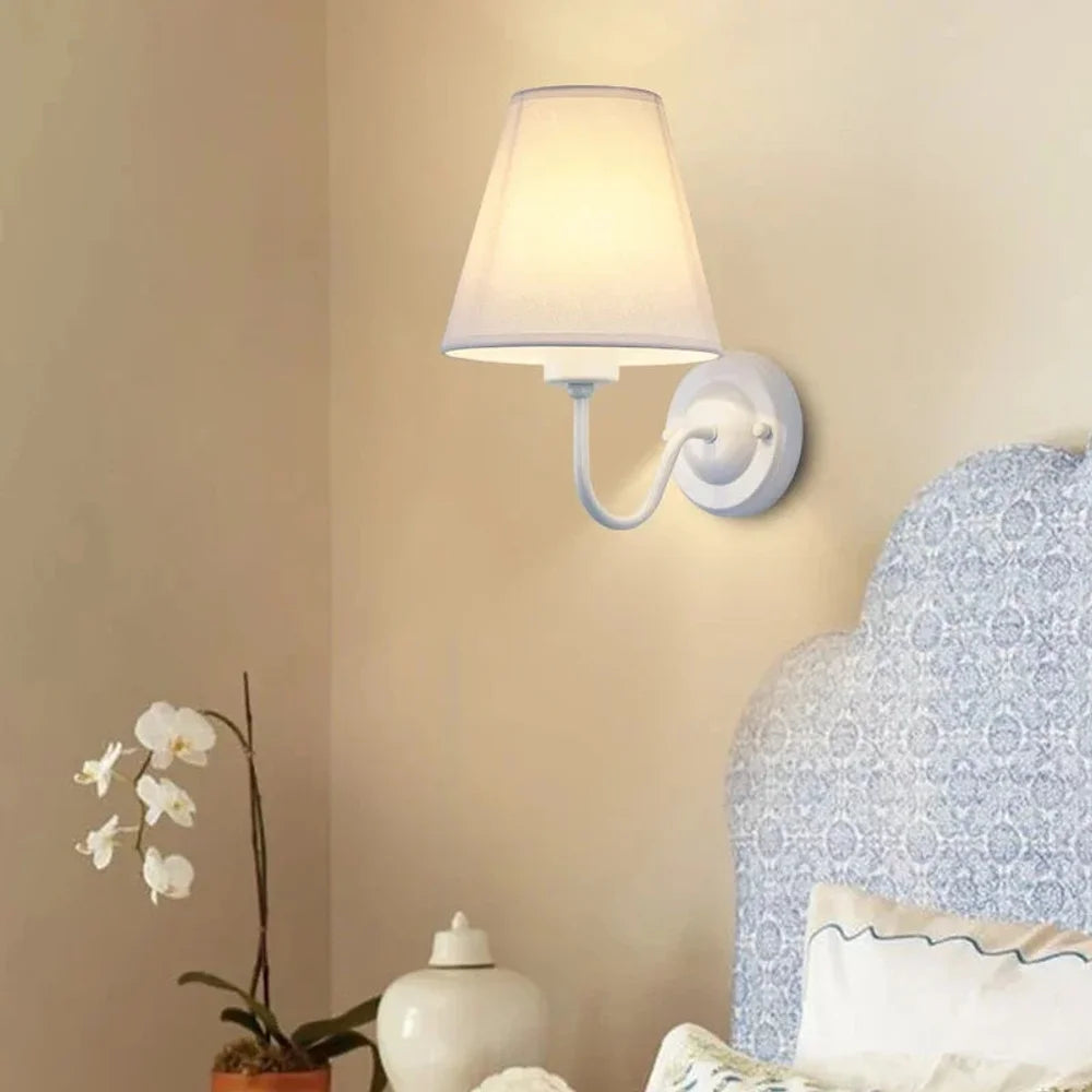 Vintage curved arm metal wall sconce with fabric conical shade – view 9