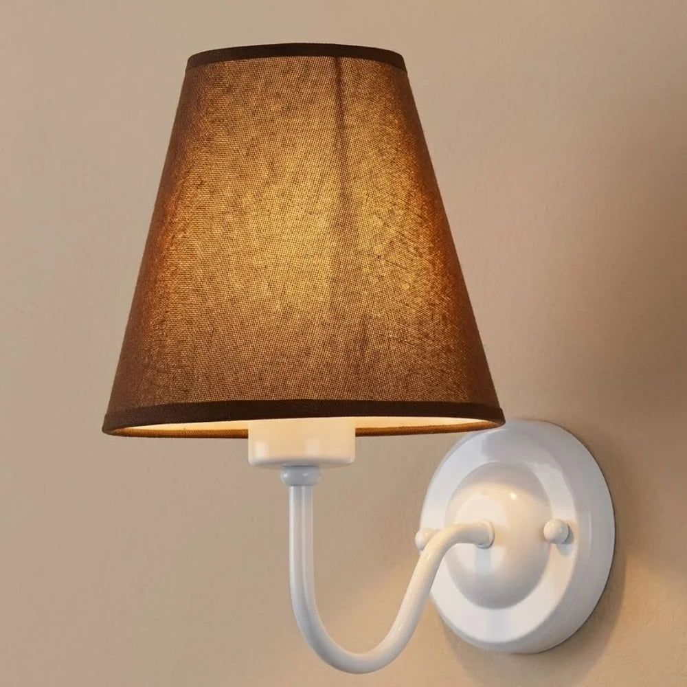 Vintage curved arm metal wall sconce with fabric conical shade – view 11