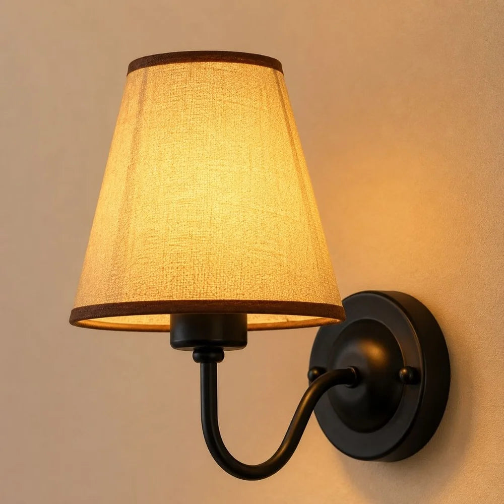Vintage curved arm metal wall sconce with fabric conical shade – view 12