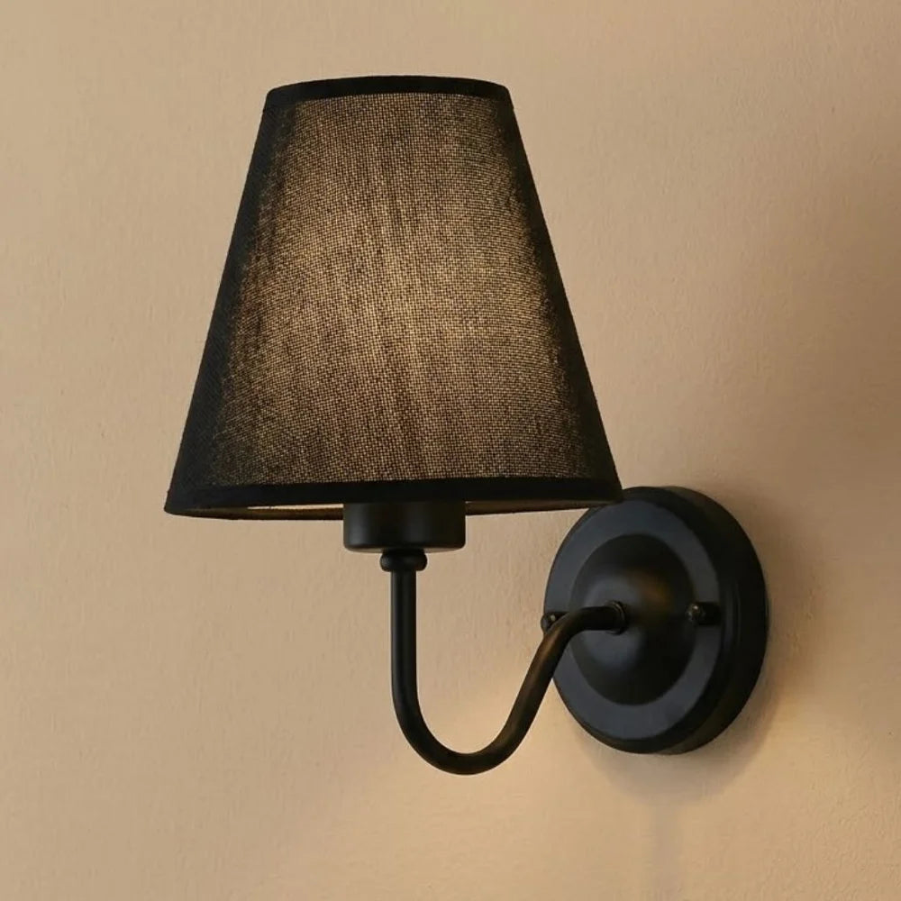 Vintage curved arm metal wall sconce with fabric conical shade – view 20