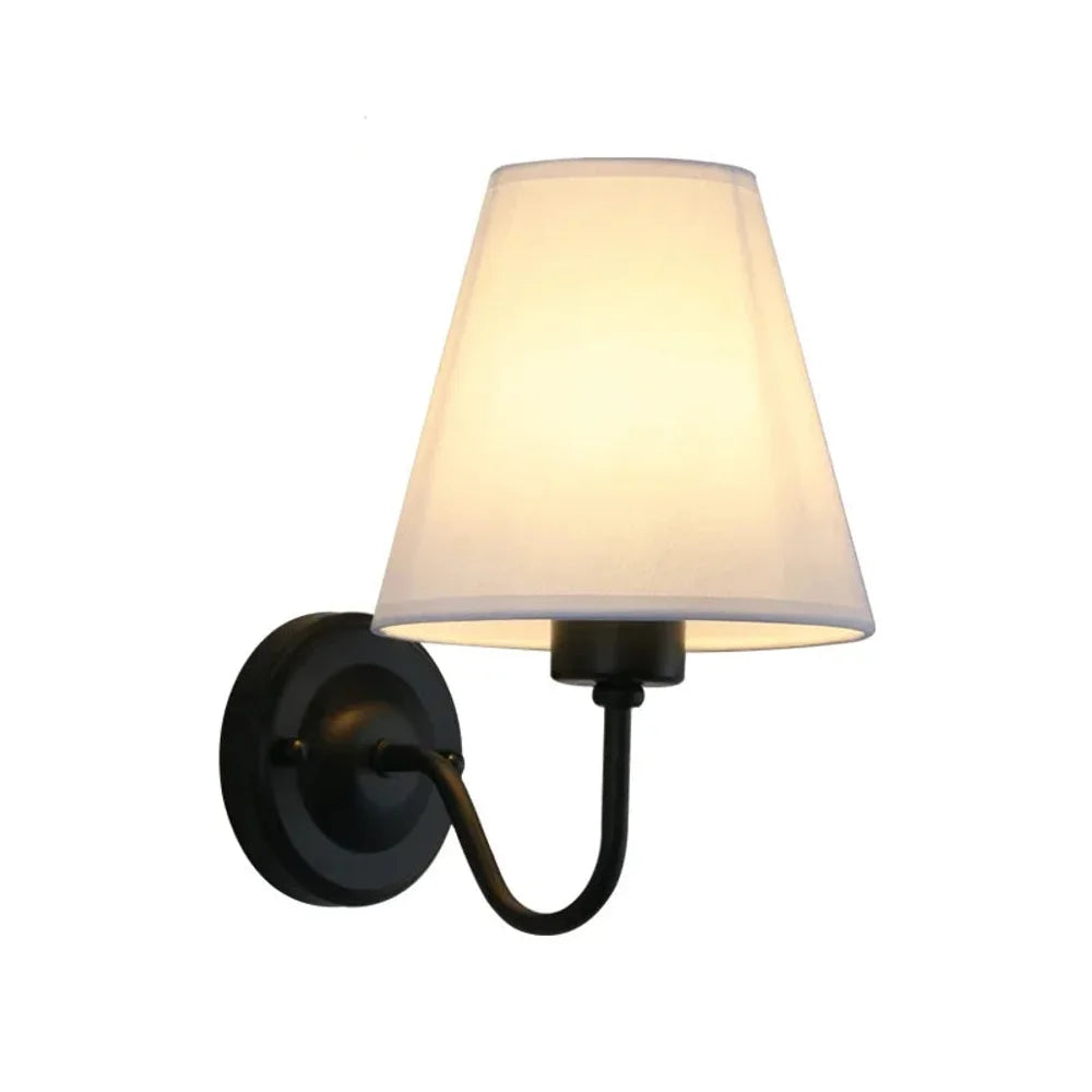 Vintage curved arm metal wall sconce with fabric conical shade – view 21