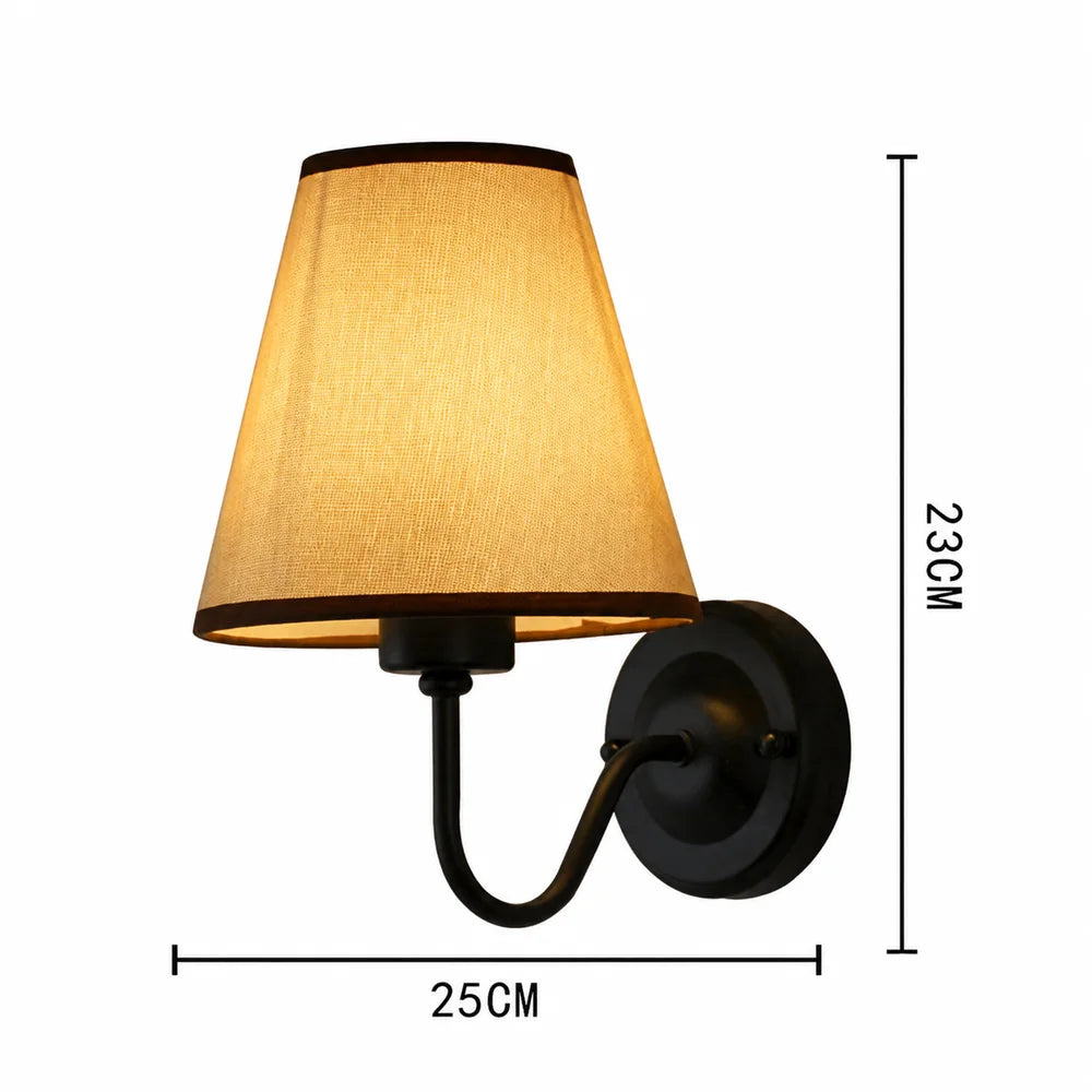 Vintage curved arm metal wall sconce with fabric conical shade – view 22