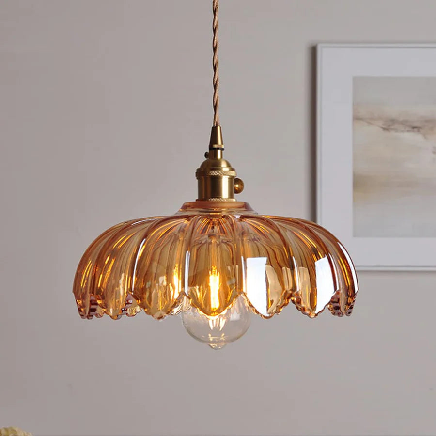 Vintage Floral Scalloped Glass Hanging Lamp