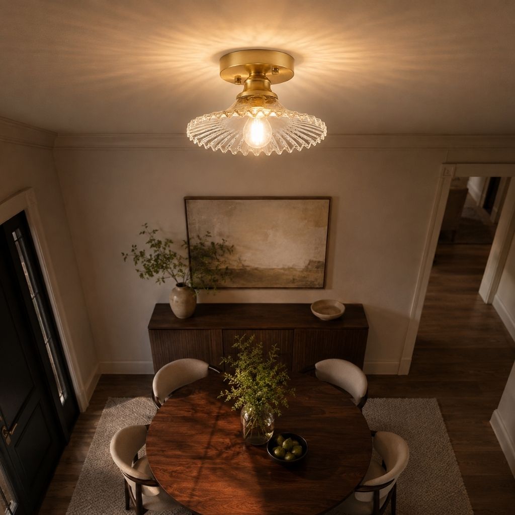Vintage Ribbed Glass Semi-Flush Ceiling Light