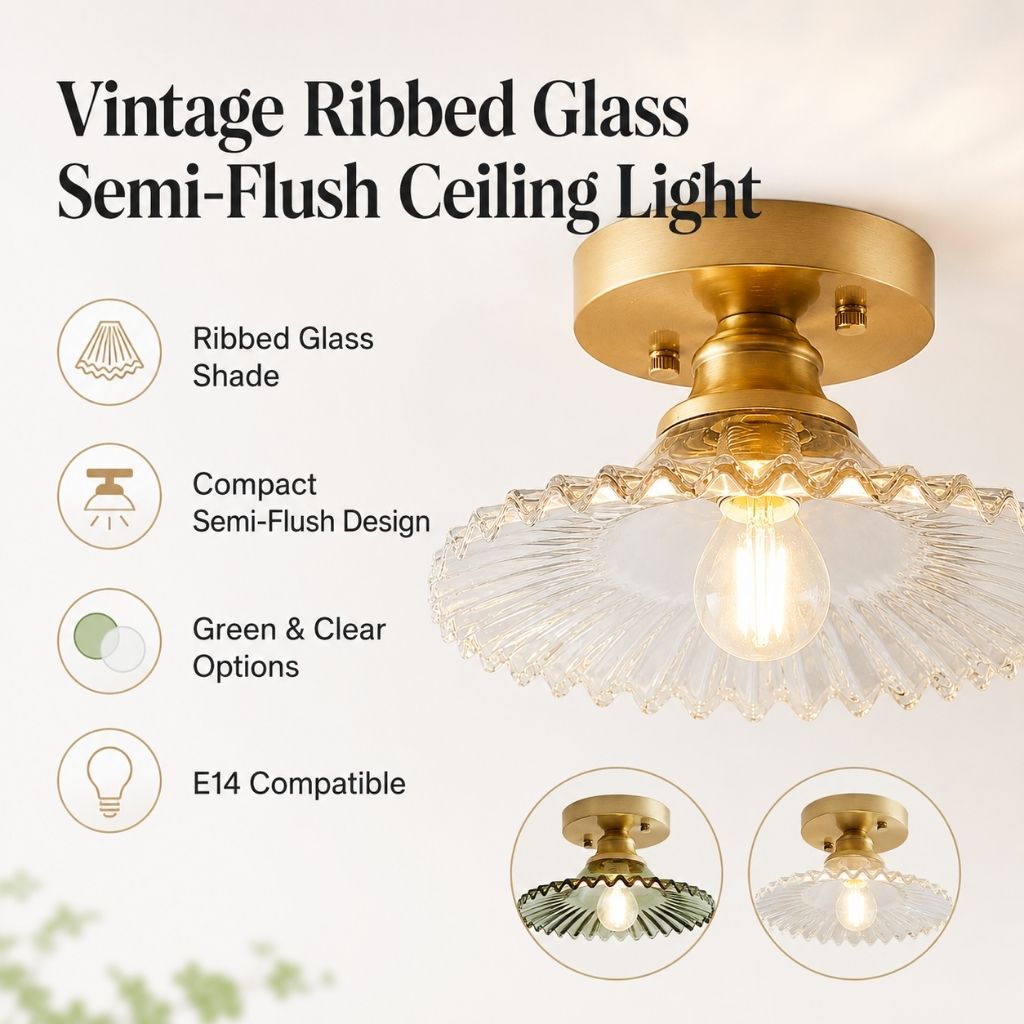 Vintage Ribbed Glass Semi-Flush Ceiling Light