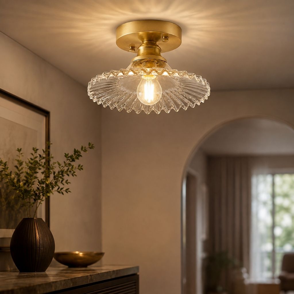 Vintage Ribbed Glass Semi-Flush Ceiling Light