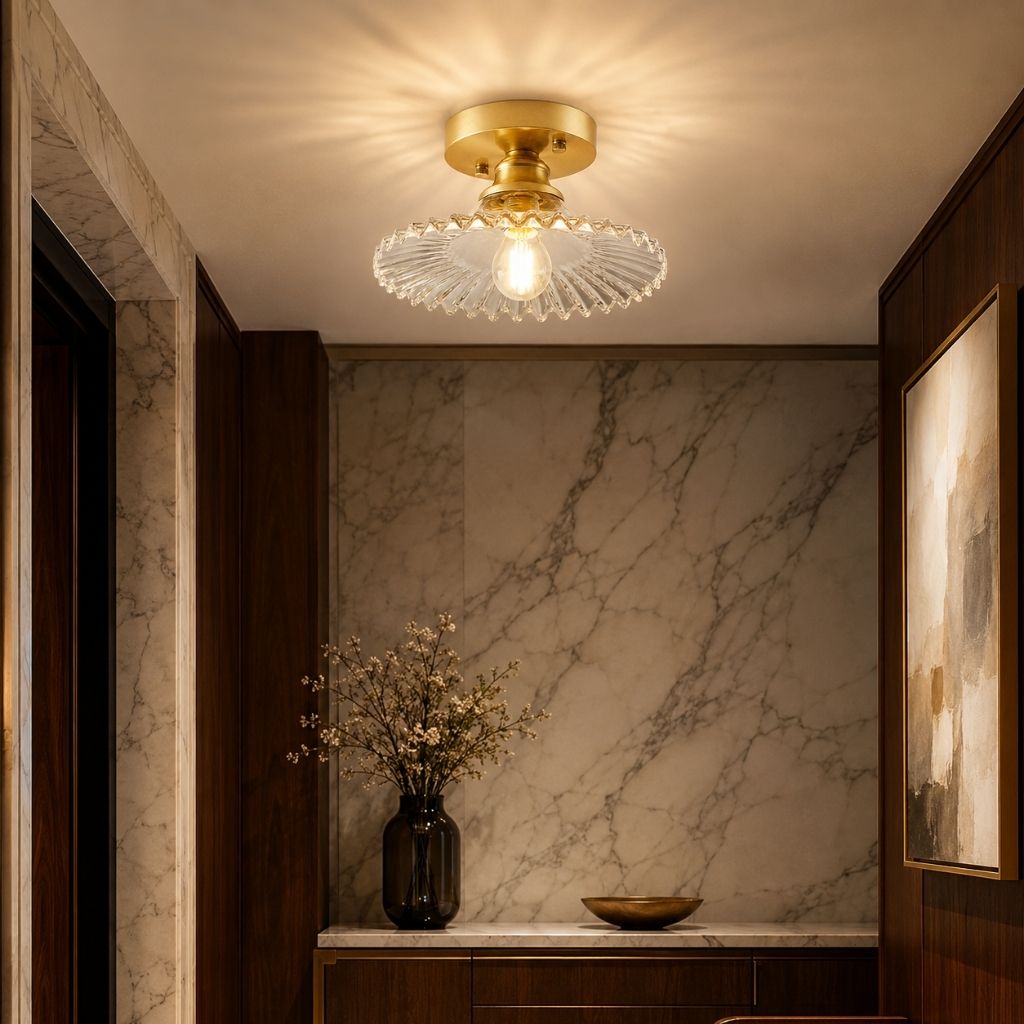 Vintage Ribbed Glass Semi-Flush Ceiling Light