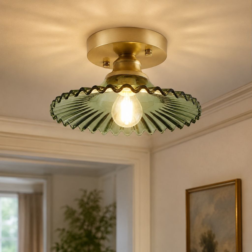 Vintage Ribbed Glass Semi-Flush Ceiling Light