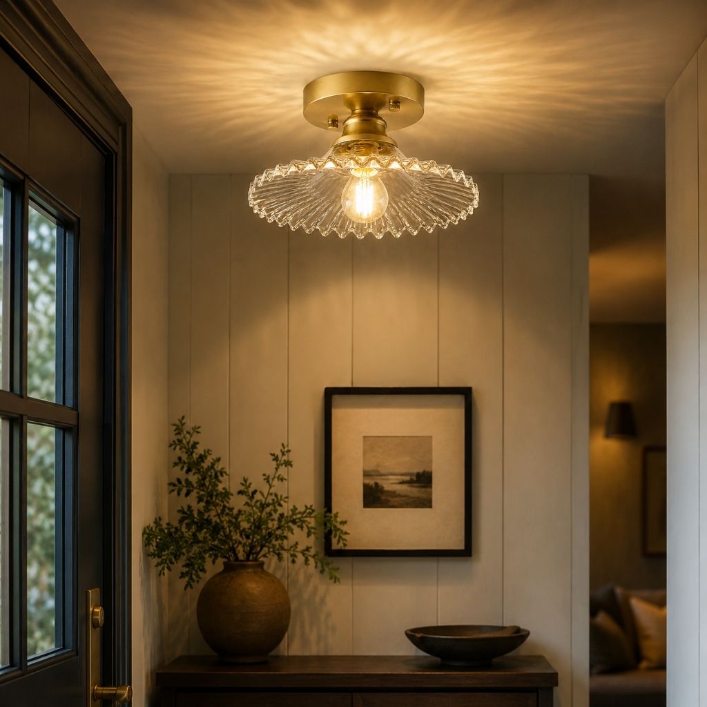 Vintage Ribbed Glass Semi-Flush Ceiling Light