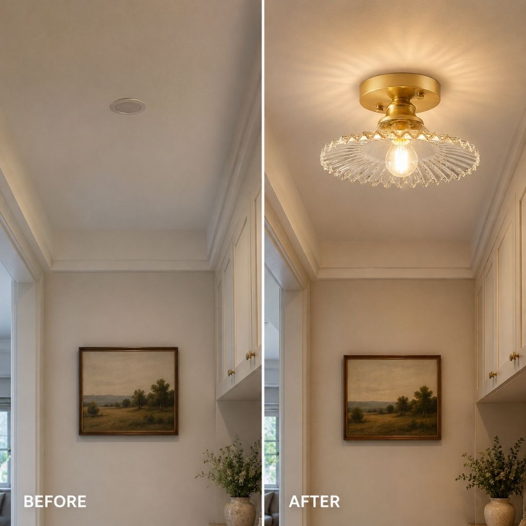 Vintage Ribbed Glass Semi-Flush Ceiling Light
