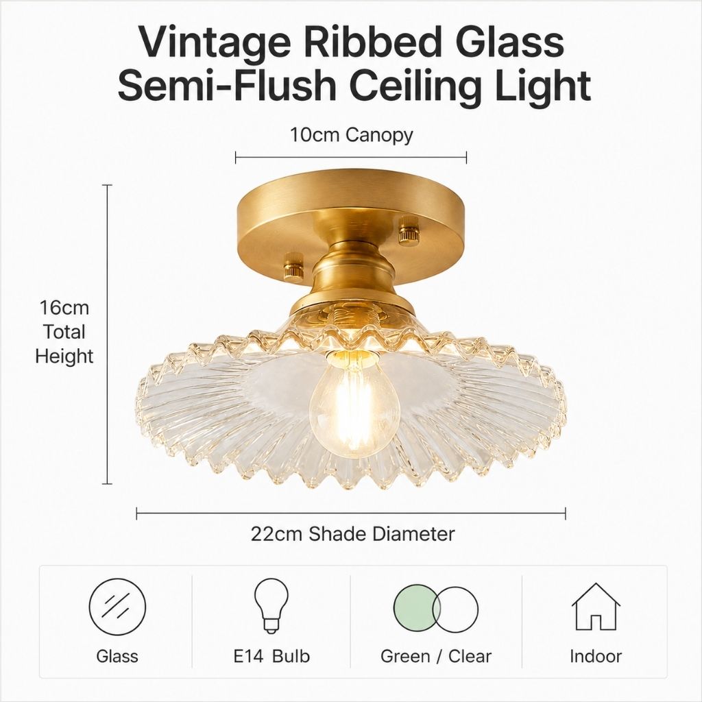 Vintage Ribbed Glass Semi-Flush Ceiling Light