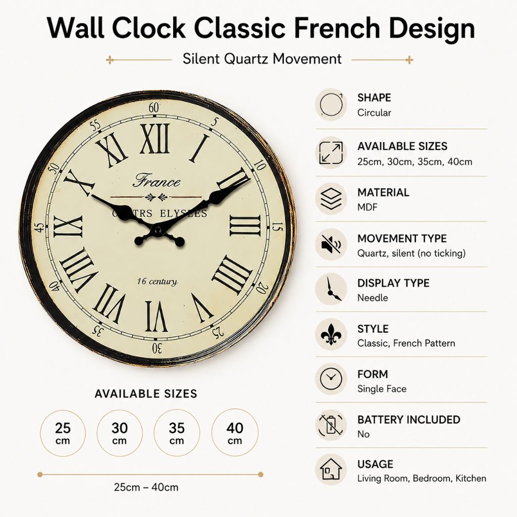 Wall Clock Classic French Design - Silent Quartz Movement