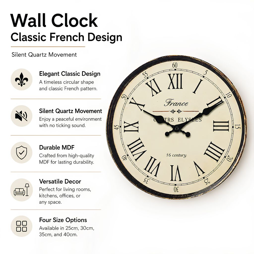 Wall Clock Classic French Design - Silent Quartz Movement
