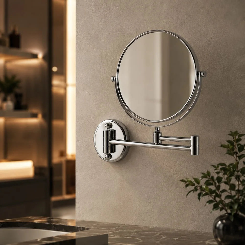 Wall mounted double sided makeup mirror extending folding dual-arm bracket – view 2