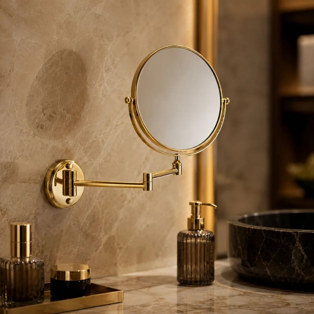 Wall mounted double sided makeup mirror extending folding dual-arm bracket – view 3