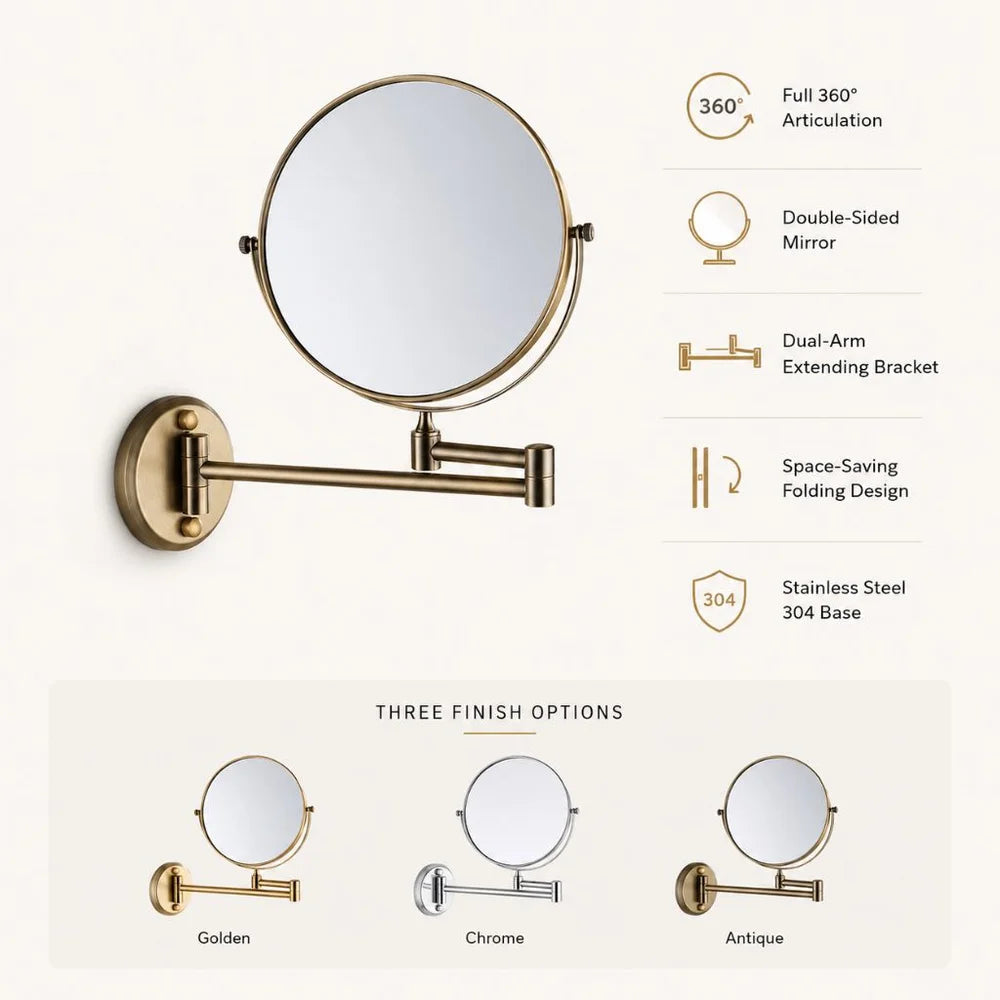 Wall mounted double sided makeup mirror extending folding dual-arm bracket – view 7