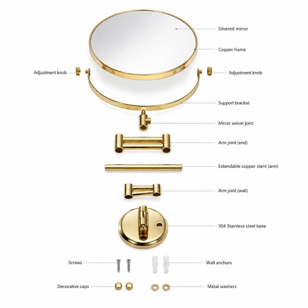 Wall mounted double sided makeup mirror extending folding dual-arm bracket – view 17