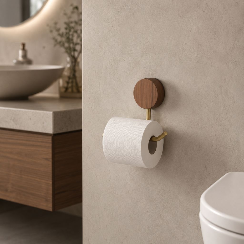Wall-Mounted Metal Toilet Paper Holder with Wood Accent