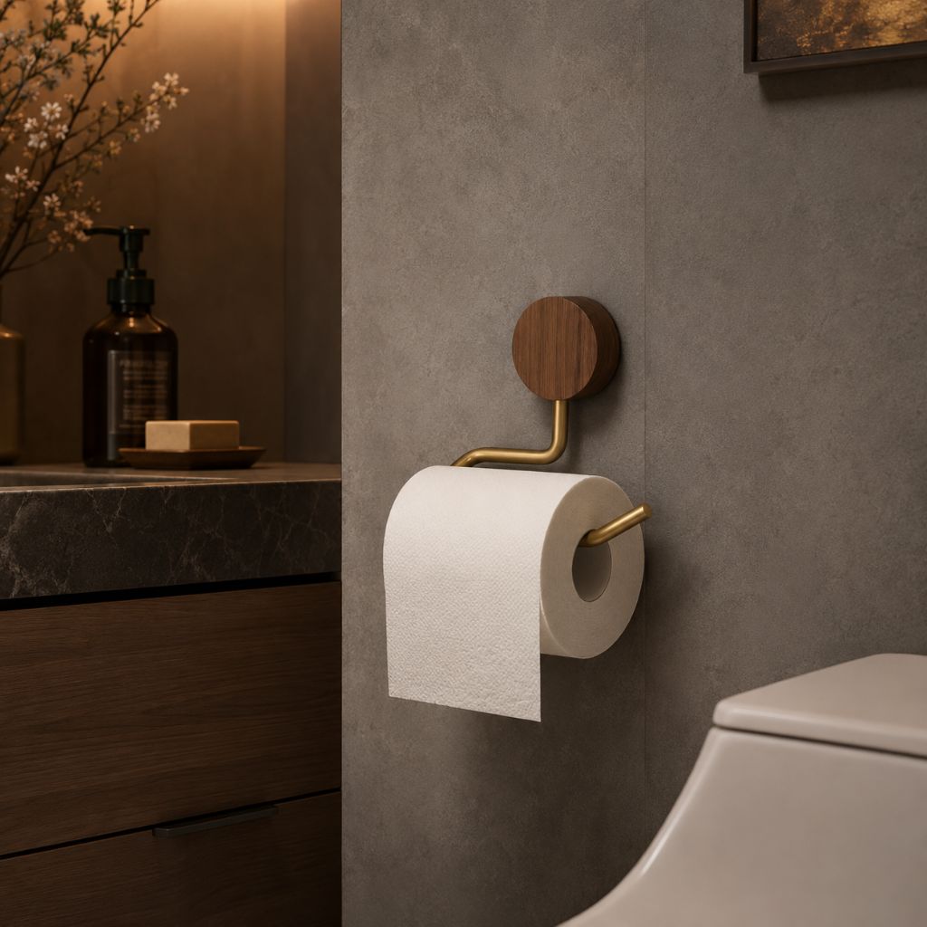 Wall-Mounted Metal Toilet Paper Holder with Wood Accent