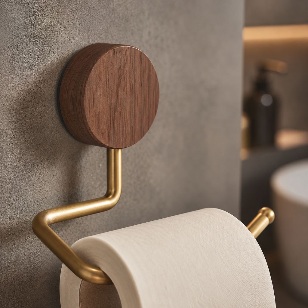 Wall-Mounted Metal Toilet Paper Holder with Wood Accent