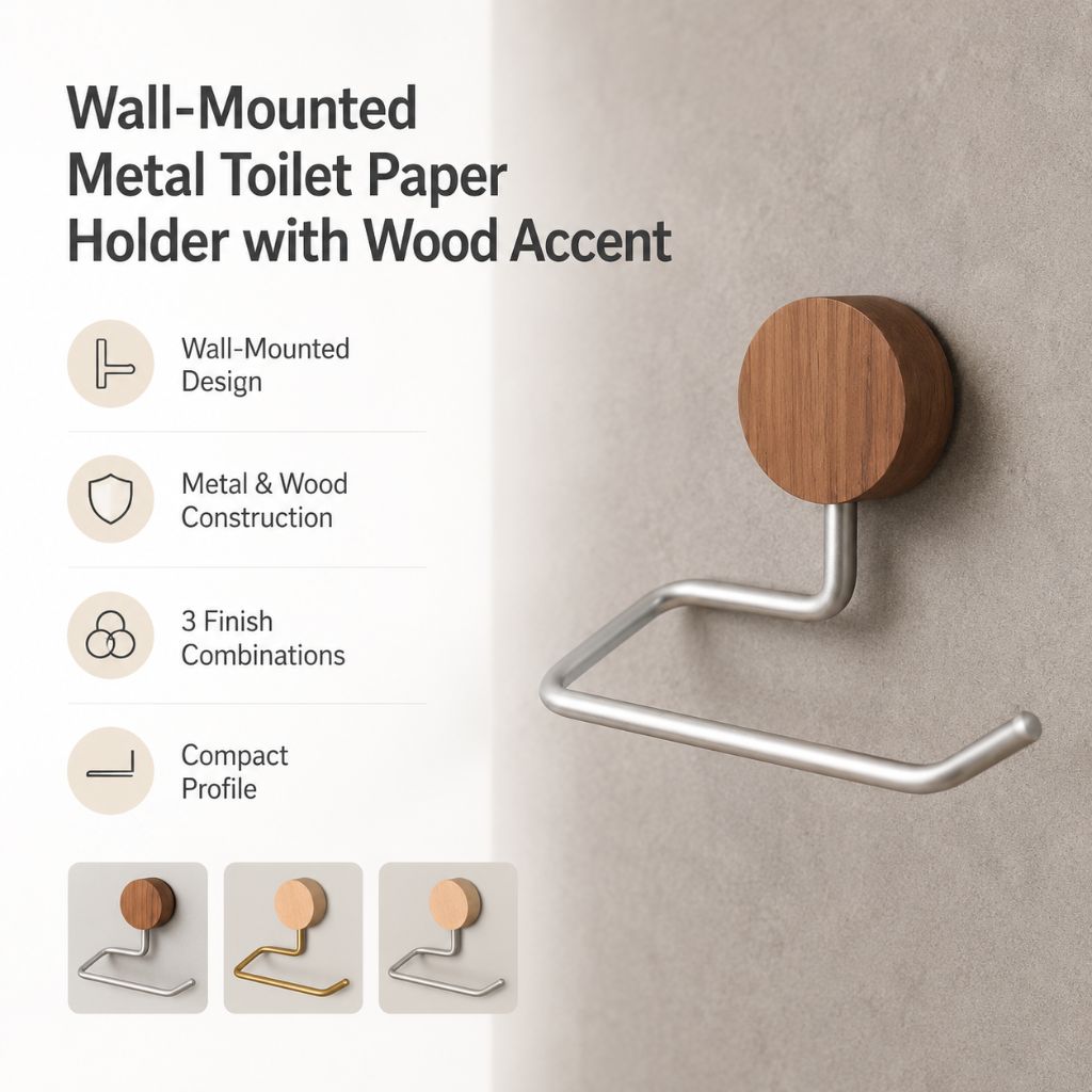 Wall-Mounted Metal Toilet Paper Holder with Wood Accent
