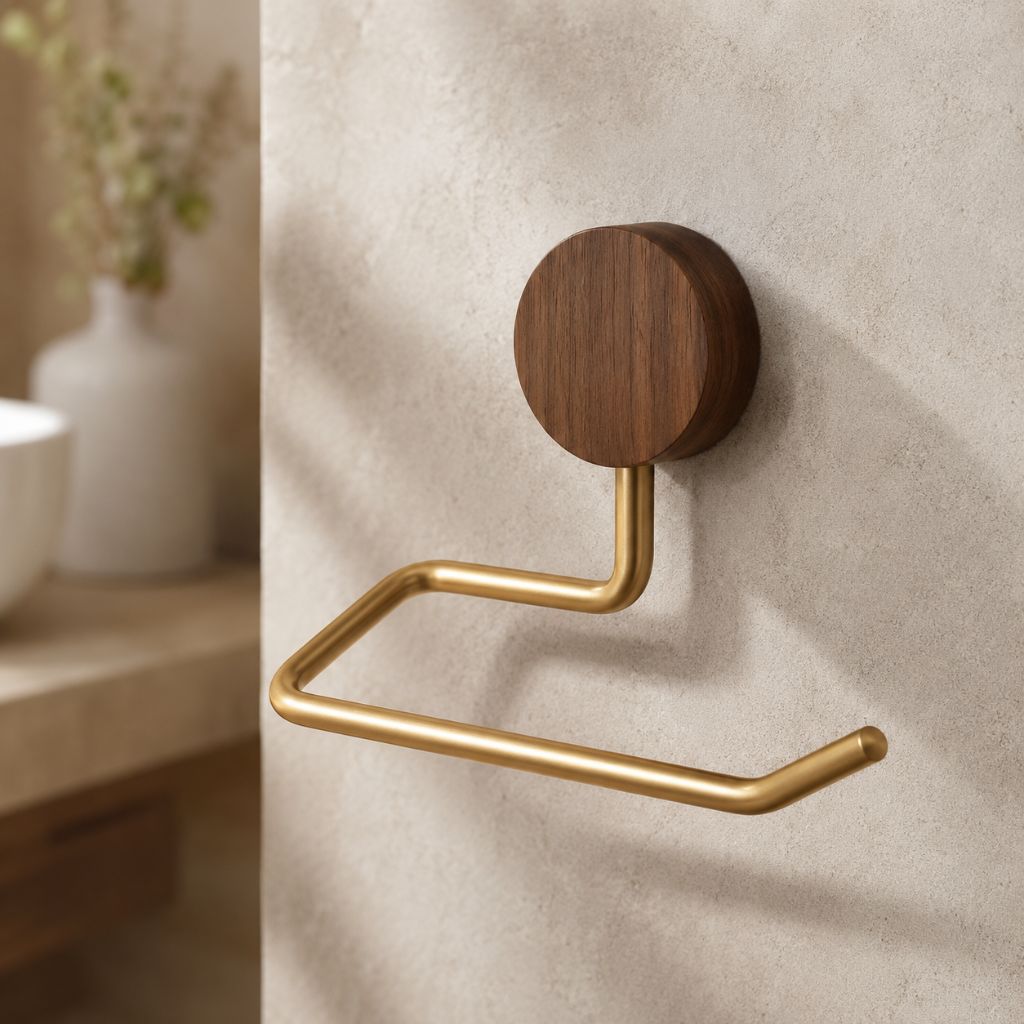Wall-Mounted Metal Toilet Paper Holder with Wood Accent