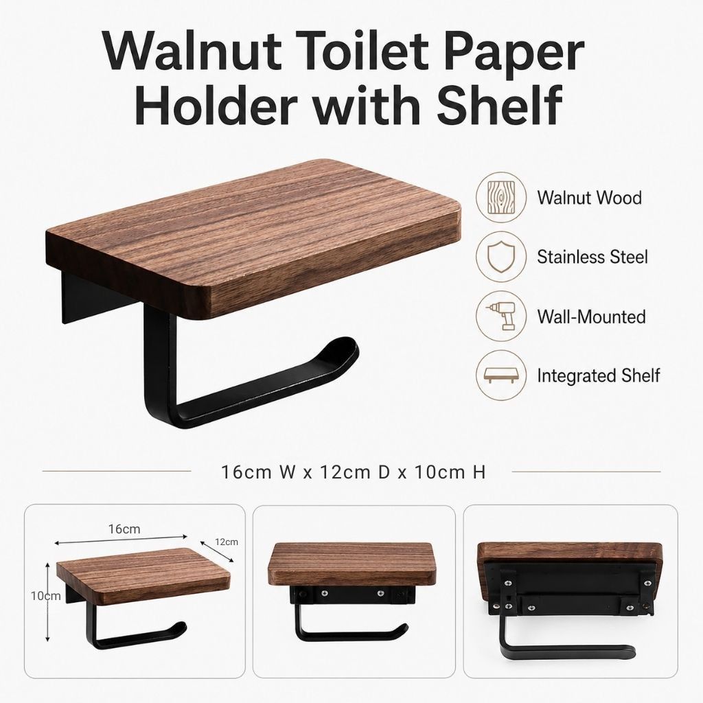 Wall-Mounted Walnut Toilet Paper Holder with Shelf