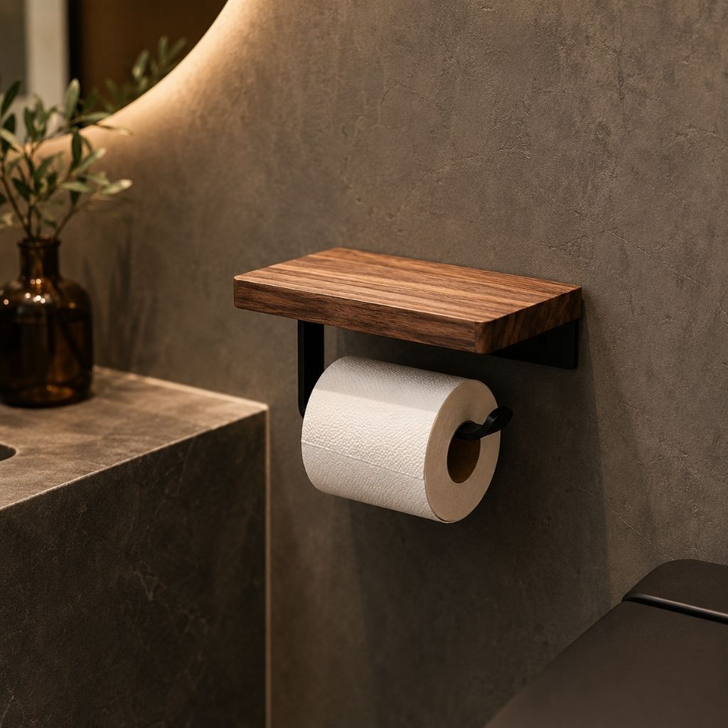 Wall-Mounted Walnut Toilet Paper Holder with Shelf