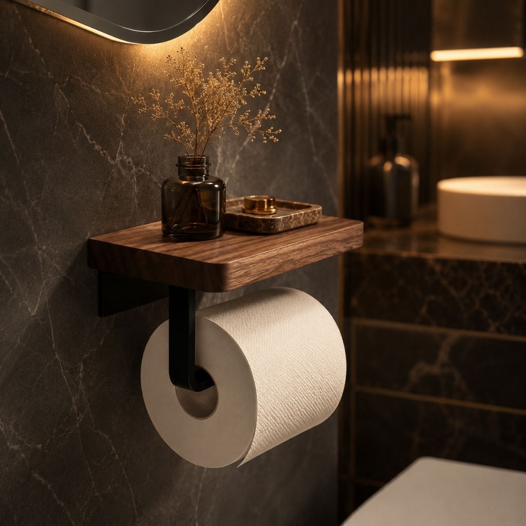 Wall-Mounted Walnut Toilet Paper Holder with Shelf