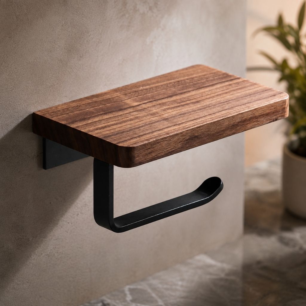 Wall-Mounted Walnut Toilet Paper Holder with Shelf