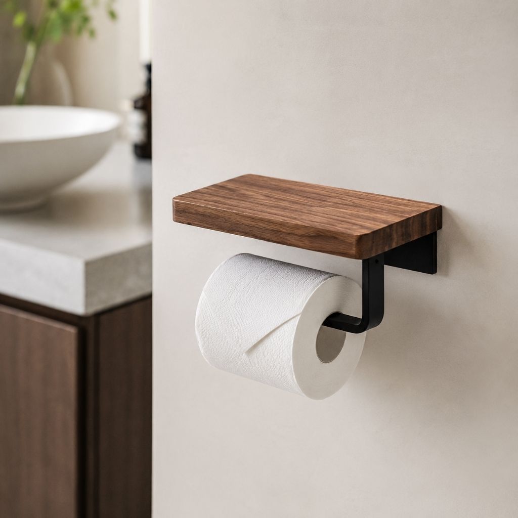 Wall-Mounted Walnut Toilet Paper Holder with Shelf