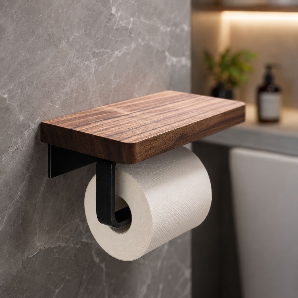 Wall-Mounted Walnut Toilet Paper Holder with Shelf