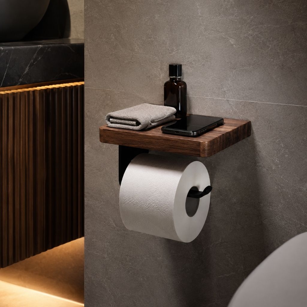 Wall-Mounted Walnut Toilet Paper Holder with Shelf