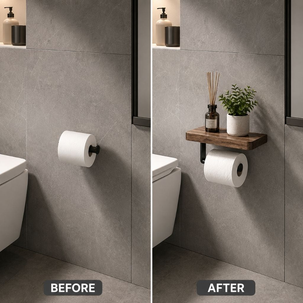 Wall-Mounted Walnut Toilet Paper Holder with Shelf